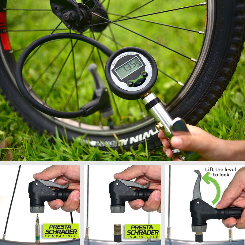 Digital Universal Bicycle Tire Inflator Gauge with Auto-Select Valve Type - Presta and Schrader Air Compressor Tool
