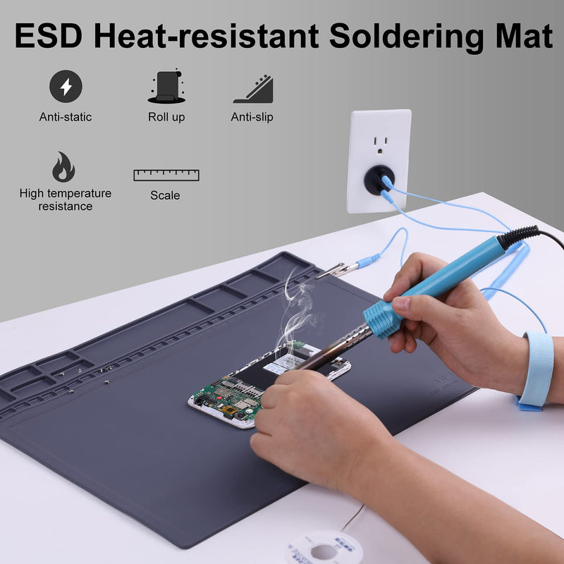 Anti-Static Mat ESD Safe for Electronic Includes ESD Wristband and Grounding Wire, HPFIX Silicone Soldering Repair Mat 932Â°F Heat Resistant for iPhone iPad iMac, Laptop, Computer, 15.9â€ x 12â€ Grey