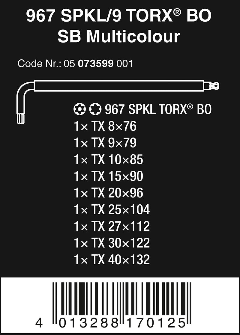 Wera 05073599001 967 Spkl/9 Torx Bo Multicolor L-Key Set for Tamper-Proof Torx Screws, Blacklaser, 9 Pieces Original Version