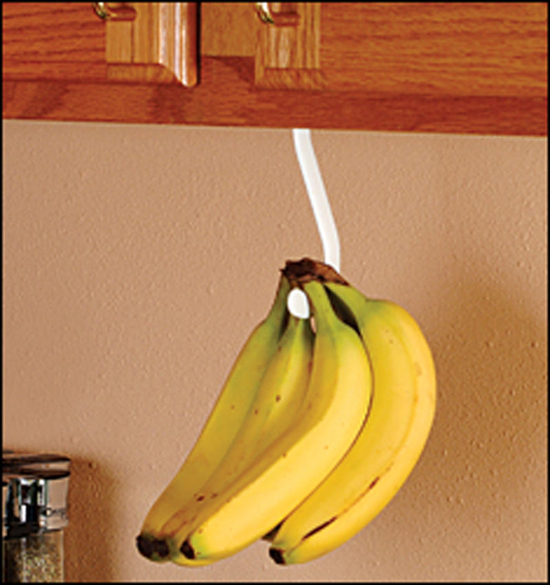 Banana Hook Hanger Under Cabinet Hook Ripens Bananas with Less Bruises, Hang Other Lightweight Kitchen Items, Folds Up Out of Sight When Not in Use, Self-Adhesive + Pre-drilled Screw Holes (White)