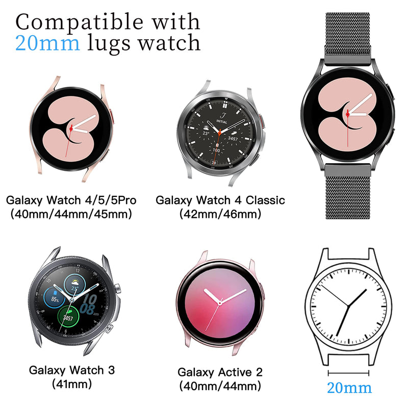 3 Packs Soft Metal Milanese Samsung Watch 4/5 Band, Mesh Loop 20mm Super Breathable & Comfortable band, Compatible with Samsung Galaxy Watch 5/Watch 5 Pro/Galaxy Watch 4/Active 2/ Watch 3 41mm Black / Colorful / Silver