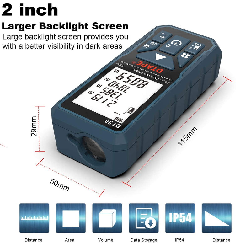 Laser Measure 165ft, DTAPE DT50Laser Distance Meter 50M, Portable Handle Digital Measure Tool Range Finder, Larger Backlit LCD 4 Line Display IP54 Shockproof