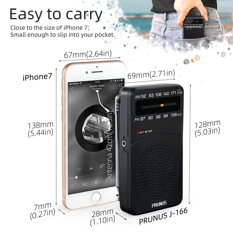 【2022 Newest】 J-166 Pocket Radio Transistor, AM FM Small Radio Portable, Battery Operated Radio with Tuning Light, Back Clip, Excellent Reception for Outdoor & Indoor by PRUNUS