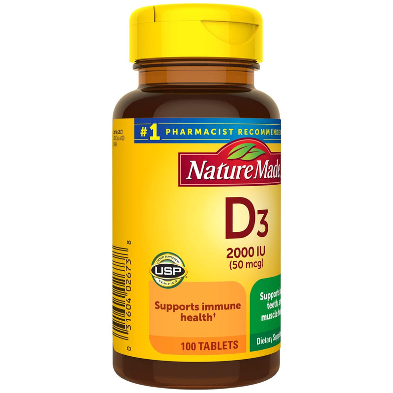 Nature Made Vitamin D3, 100 Tablets, Vitamin D 2000 IU (50 mcg) Helps Support Immune Health, Strong Bones and Teeth, & Muscle Function, 250% of the Daily Value for Vitamin D in One Daily Tablet 100 Count (Pack of 1)