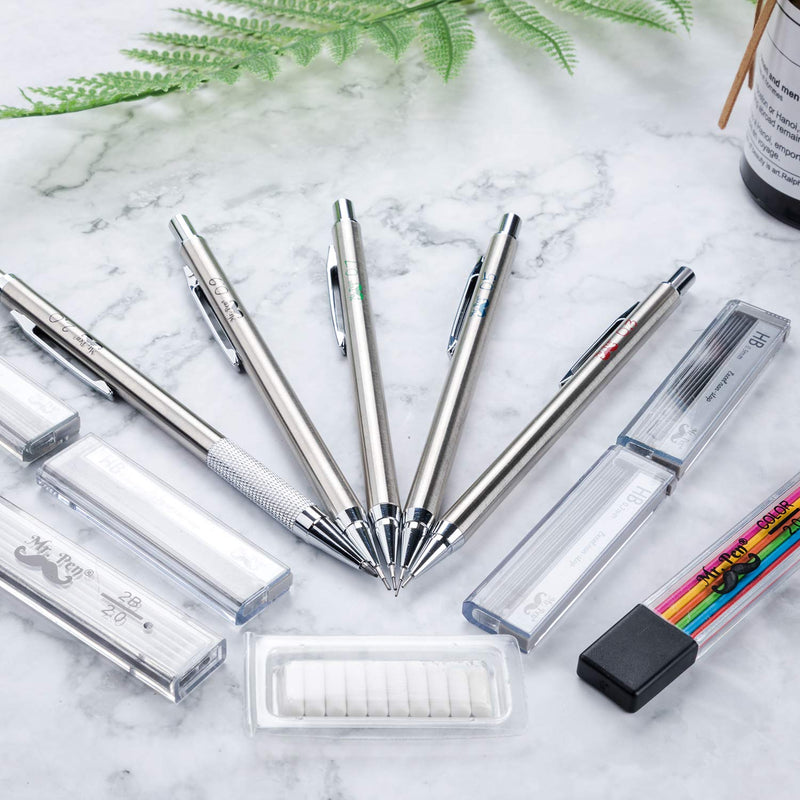 Mr. Pen- Metal Mechanical Pencil Set with Lead and Eraser Refills, 5 Sizes, 0.3, 0.5, 0.7, 0.9, 2mm, Drafting, Sketching, Architecture, Drawing Mechanical Pencils, Metal Mechanical Pencils