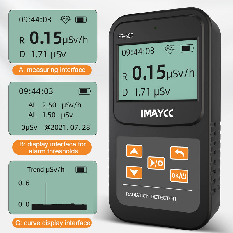IMAYCC Geiger counter, digital radiation detector with real-time display, can be used in homes, businesses, indoors and outdoors. Black