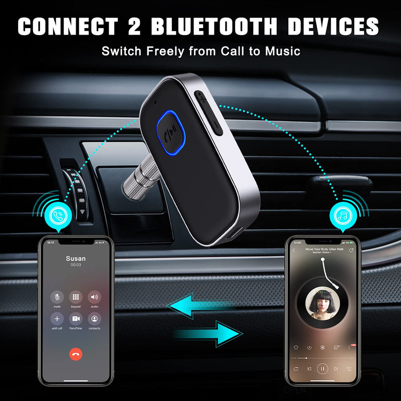 [2021 Upgraded] COMSOON Bluetooth 5.0 Receiver for Car, Noise Cancelling Bluetooth AUX Adapter, Bluetooth Music Receiver for Home Stereo/Wired Headphones/Hands-Free Call,16H Battery Life-Black+Silver