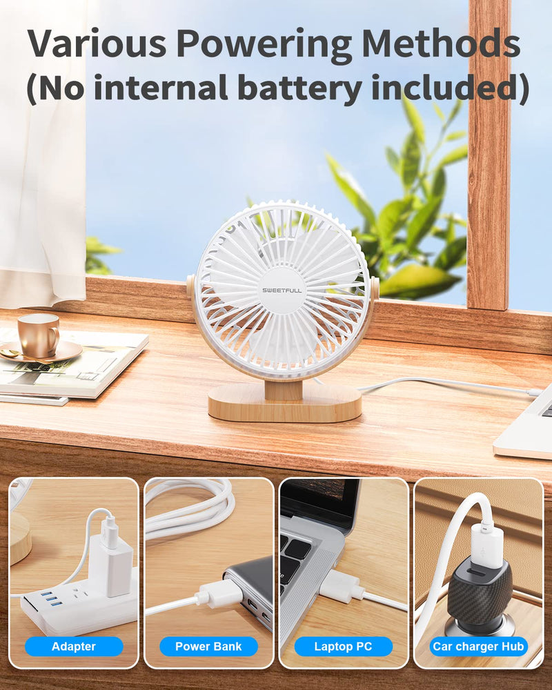 SWEETFULL 6.4 Inch USB Small Desk Fan, 3 Speeds Quiet Portable Desktop Table Fan, 360Â° Adjustment Personal Mini Fan for Home Office Car Outdoor Travel (White wood grain )