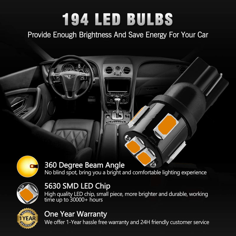 BRISHINE 194 LED Bulbs Extremely Bright Amber Yellow 5630 Chipsets 168 2825 175 T10 W5W LED Replacement Bulbs for Car Interior Map Dome Door Courtesy License Plate Lights(Pack of 10)