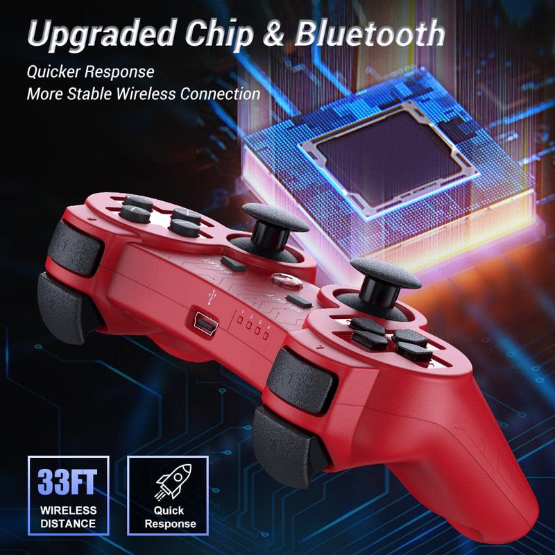 Controller Wireless for PS3, Controller for Sony Playstation 3, 2 Pack, Doubleshock,6-Axis,Upgraded Gamepad Remote for PS3 Controller for Playstation 3 Controller with Analog Joysticks 2 Charger Cords Blue + Red