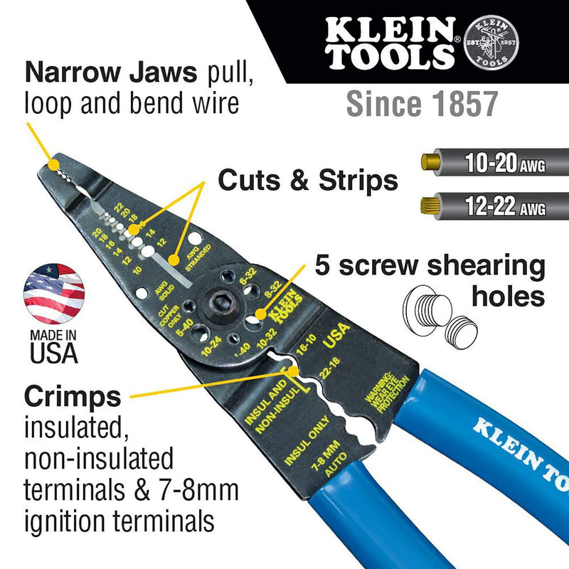 Klein Tools 1010 Multi Tool Long Nose Wire Cutter, Wire Crimper, Stripper and Bolt Cutter Multi-Purpose Electrician Tool, 8-Inch Long