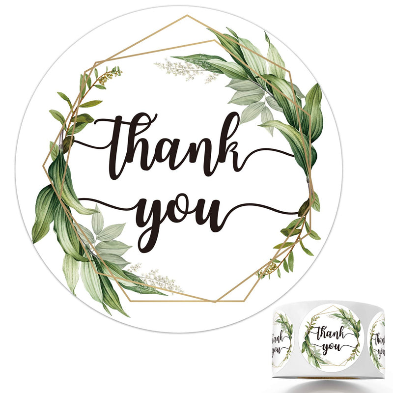 500 Chic Golden Greenery Frames Thank You Label Stickers, 1.5 Inch Circle Round Green Palm Leaves Wreath Thank You Stickers.
