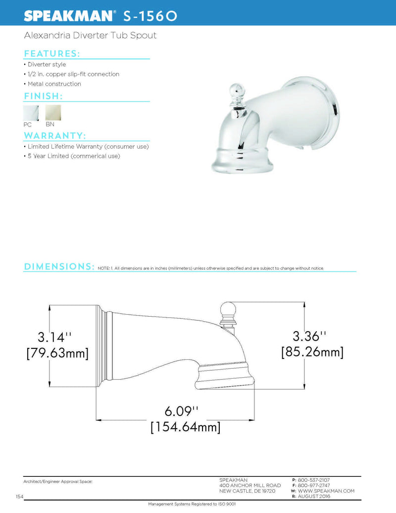 Speakman S-1560-BN Alexandria Bathtub Spout with Diverter for Stylish Bathroom Décor, Brushed Nickel