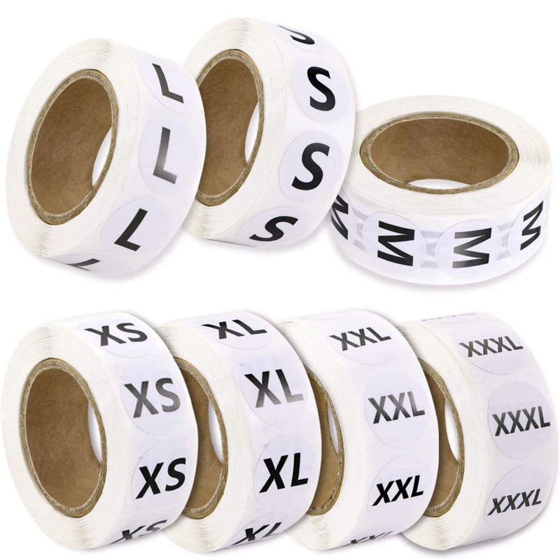 3500 Pcs 3/4" Clothing Size Round Stickers, White Stickers with Black Text 500 Per Roll, 7 Clothing Sizes, 1 Roll of Each Size Per Pack Self-Adhesive by Toucan Craft Supplies