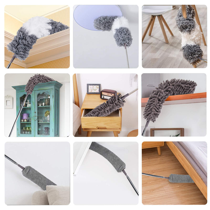 Microfiber Duster, with Extension Pole(Stainless Steel) 30 to 100 Inches, Reusable Bendable Dusters, Washable Lightweight Dusters for Cleaning Ceiling Fan, High Ceiling, Blinds, Furniture, Cars