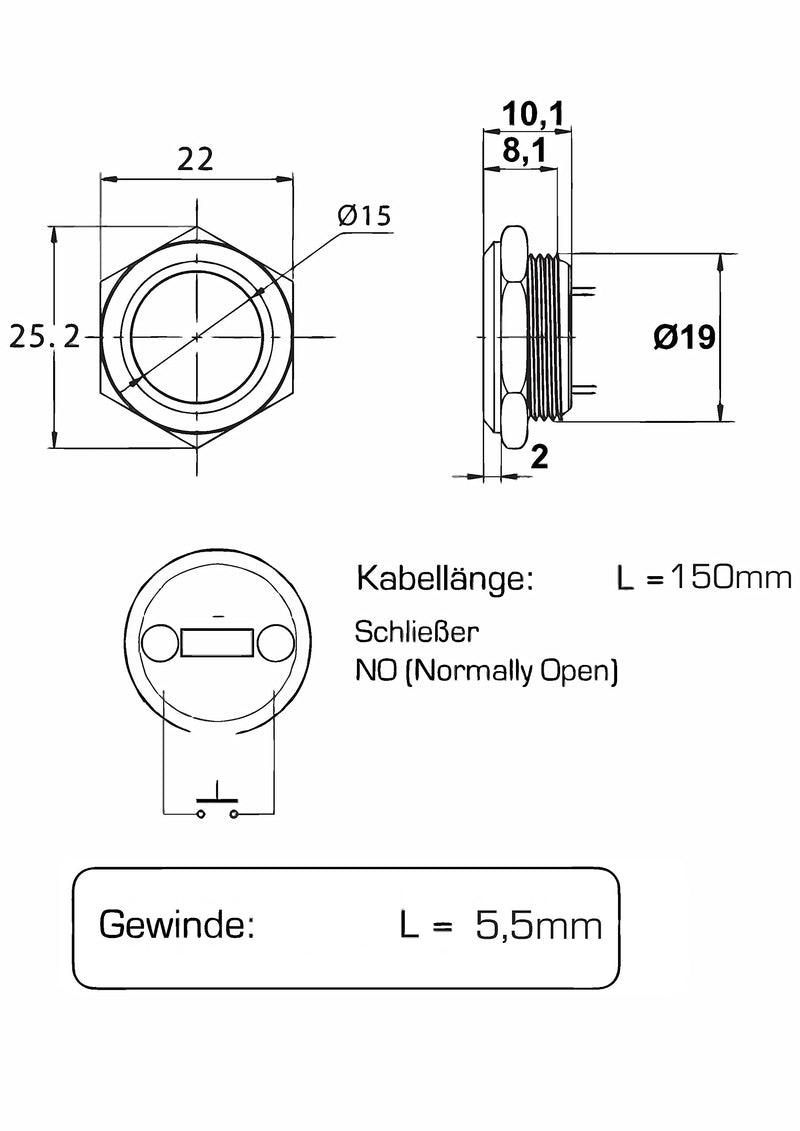 Metzler ultra-flat stainless steel push button rustproof IP67 - installation diameter Ø 19 mm - momentary without LED