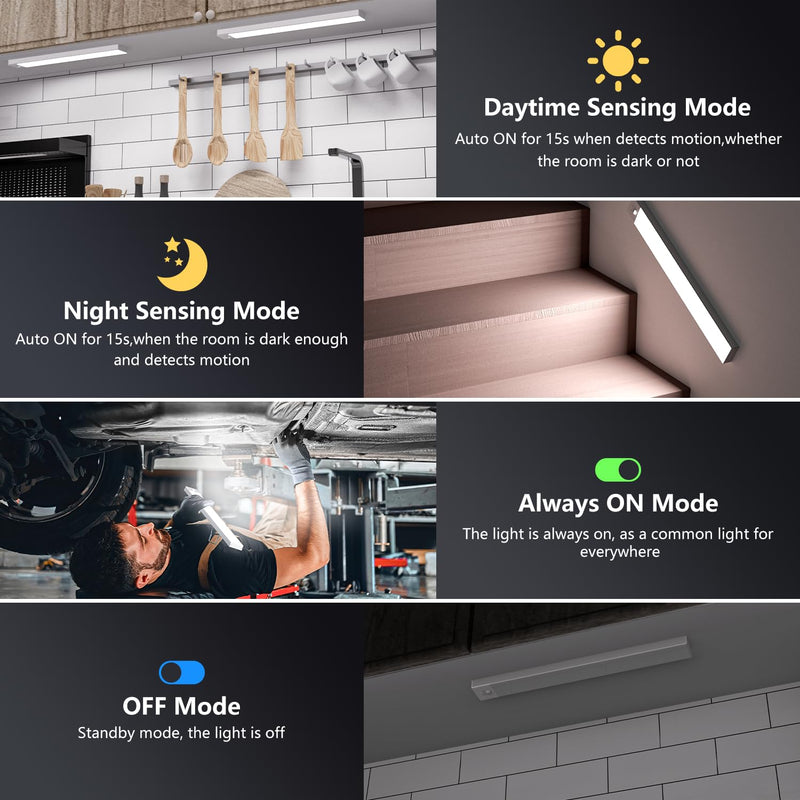 Cabinet lighting LED with motion detector 32cm 3 pieces cabinet light LED strip battery USB rechargeable under-unit light kitchen cabinet lights for wardrobe, stairs, trunk, RV 5000k-white 32cm-3 pieces