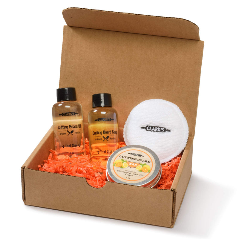 CLARK'S Cutting Board Care Gift Set - Cutting Board Soap, Oil, Wax, and Buffing Pad. Enriched with Orange & Lemon Oils. Small Sizes for a Big Impact!