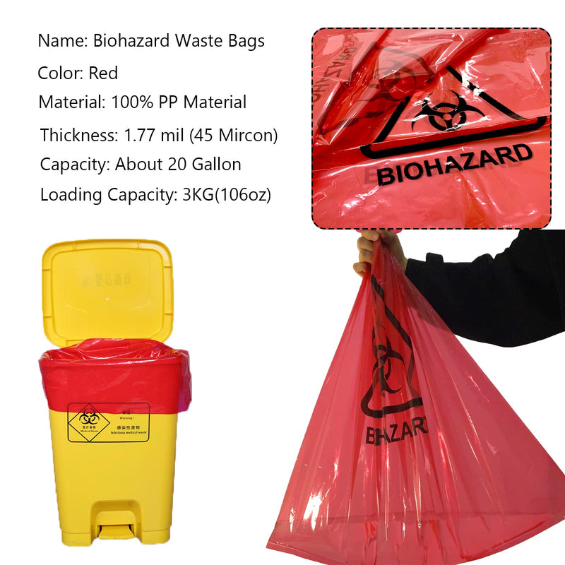Biohazard Waste Bags - Disposable Safety Bag, Autoclavable, Puncture Resistant, 20 Gal Capacity, 1.77 mil, 45 mircon, 24"x 31" (10 PCS)