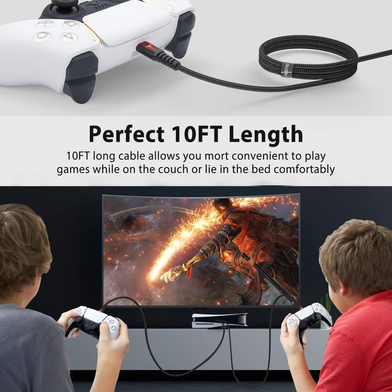 2 Pack 10FT Xbox Series X S PS5 Controller Charger Charging Cable TeslaY LED Indicator, 6amLifestyle Nylon Braided Fast Charging Data Sync USB Type C for Xbox Series X S PS5 Switch Controller