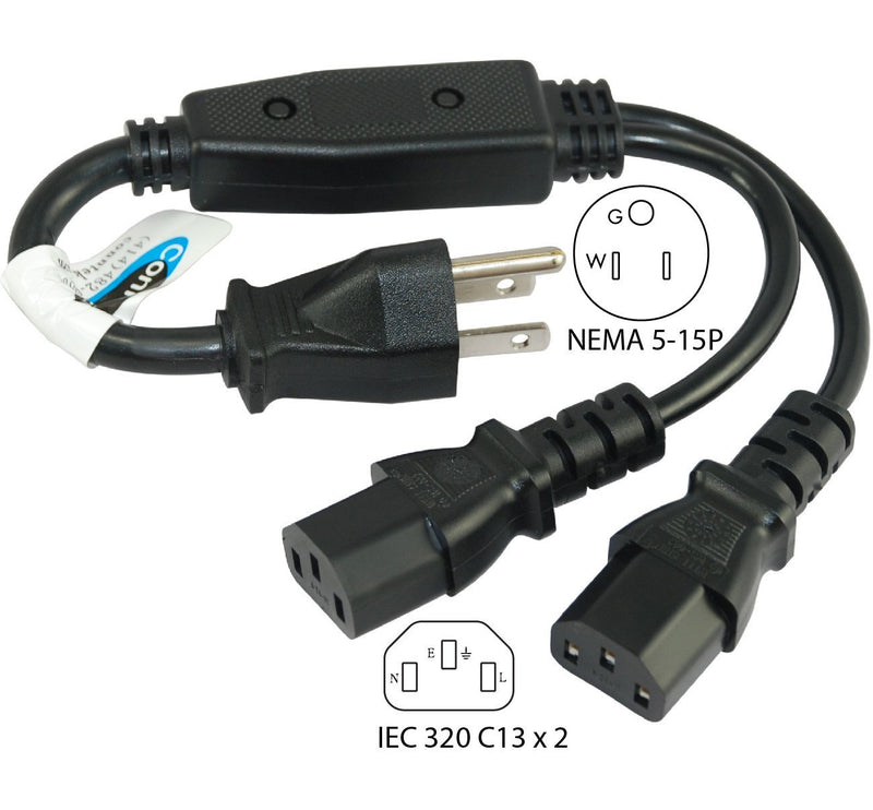 Conntek 05215 Y-Cable 6 inch + 8-Inch 1 to 2 Outlet Y Power Equalizer 5-15P to 2 C13 Computer/Monitor/Projector Power Cord