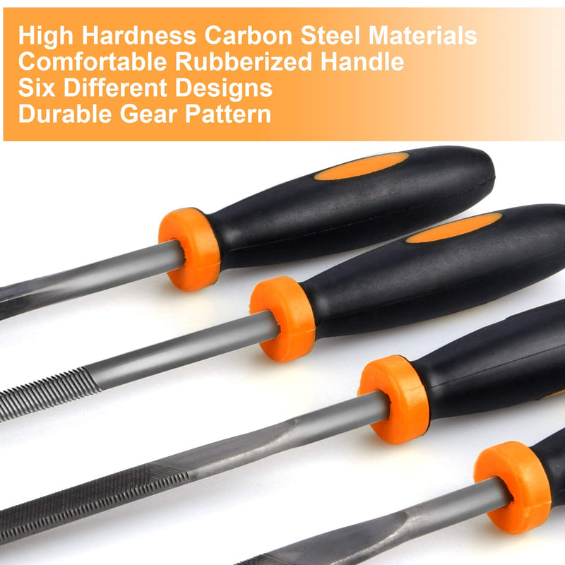 Preciva file set, workshop file set, 6 pieces. File set, file set including flat file, half round, round file, needle file for workshop DIY for rough machining and roughing orange