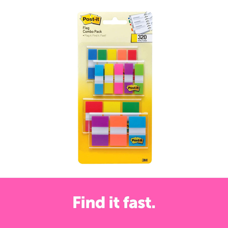 Post-it Flags Assorted Color Combo Pack, 320 Flags Total, 200 1-Inch Wide Flags and 120.5-Inch Wide Flags, 4 On-The-Go Dispensers/Pack (683XL1)