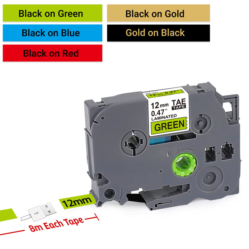 5 Pack Compatible Ptouch Label Maker Tape Replacement for Brother P Touch TZe334-831 TZe TZ Tape 12mm 0.47" Laminated, Black/Red/Blue/Green/Gold, for Ptouch PTD210 PTH100 PTH110 PTD400 PT1180