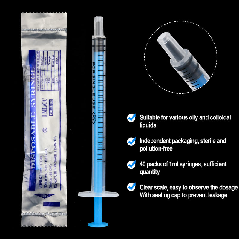 1 ml syringe sterile, 40 pack plastic syringes with cap, dosing syringe for measuring and dosing liquids, plastic syringe, individually packed disposable syringes