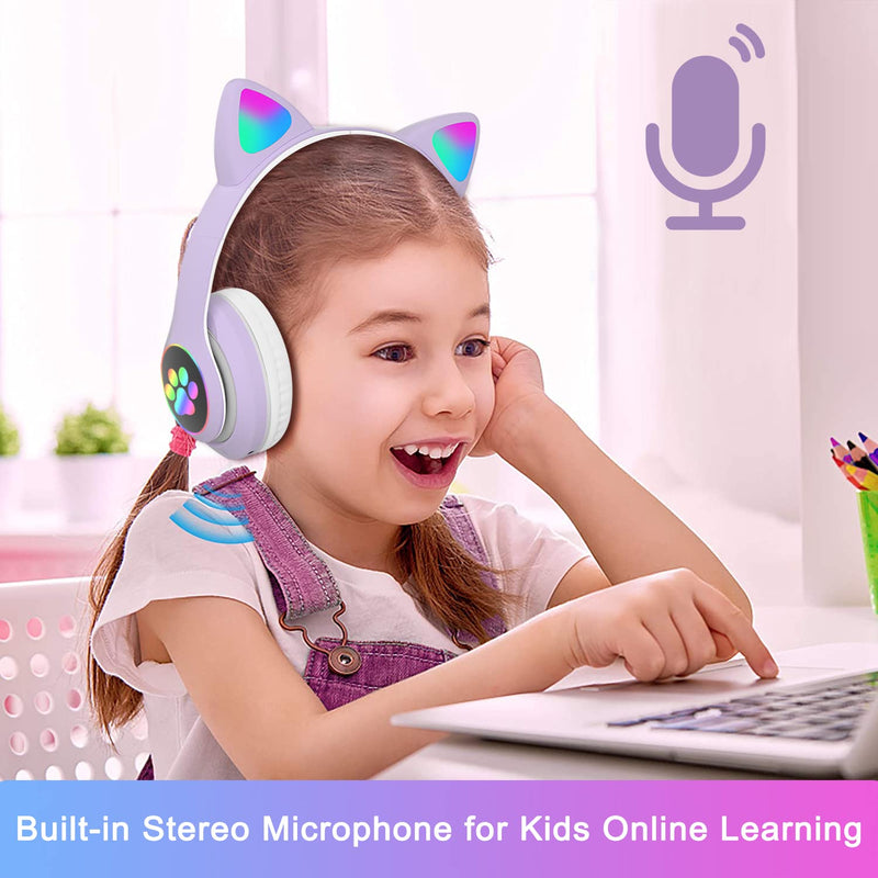 Kids Headphones, TOKANI Bluetooth Wireless Headphones for Kids Teens Adults, Over-Ear Bluetooth Headphones with Microphone, Cat Ear Headphones for Girls Women (Purple)