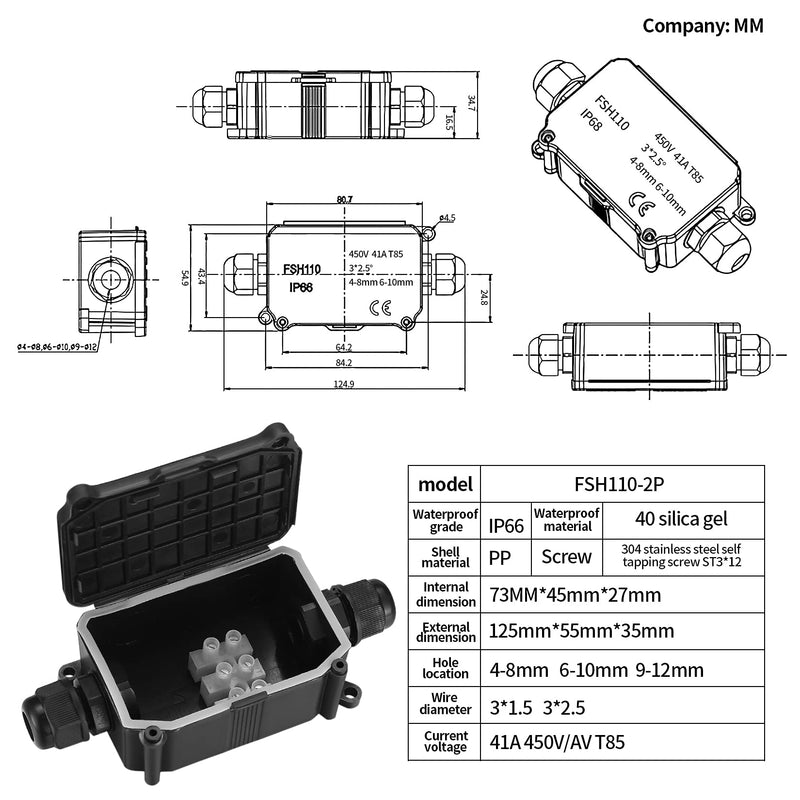 Pack of 4 IP66 waterproof junction boxes, 2-way outdoor cable connector distribution box, black extension cable junction box with PG9 screw connections for Ø3mm-8mm Ø6mm-10mm cable cable 2-way