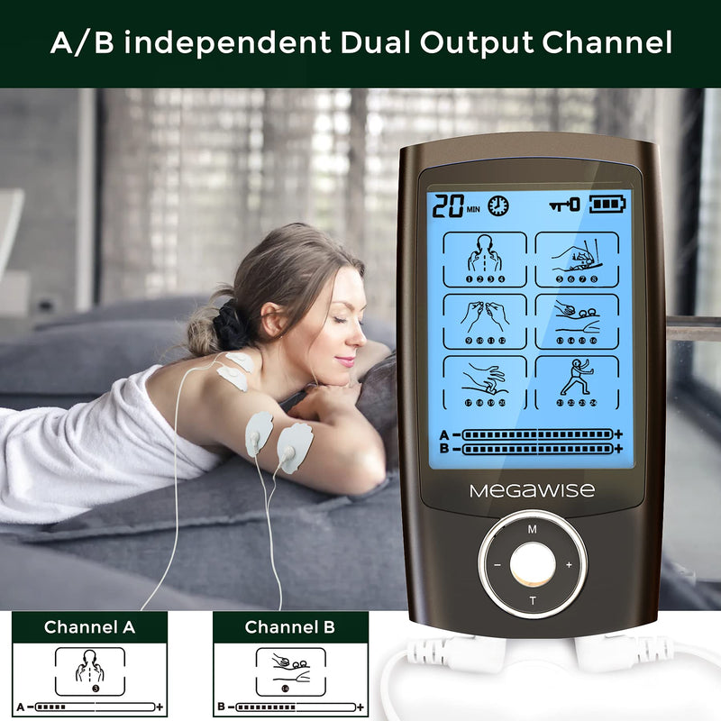 MegaWise 48 Modes（24 * 2） Dual Channel EMS TENS Unit Muscle Stimulator with 14Pcs Reusable Electrode Pads. Rechargeable Continuous Mode Electronic Pulse Massager with Storage Pouch/Pads Holder