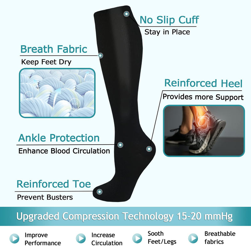 Compression Socks for Women & Men Circulation 8 Pairs 15-20mmHg-Best support for Nurse,Medical,Running,Athletic 01- Black Small-Medium