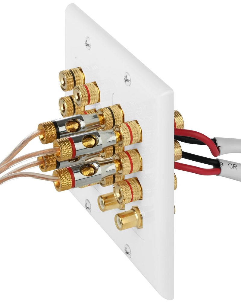 Fosmon 2-Gang 7.1 Surround Sound Distribution Home Theater Wall Plate, Gold Plated 7-Pair Copper Binding Posts Coupler Type for 7 Speakers, 2 RCA Jack for Subwoofer