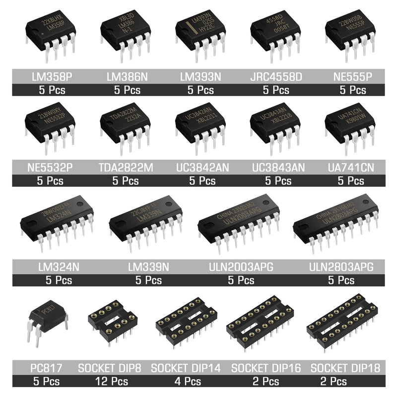 AUKENIEN 15 Values IC Assortment Kit PC817 LM358P LM386 LM393 JRC4558D NE555P NE5532P TDA2822D UC3842AN UC3843AN UA741CN LM324N LM339N ULN2003APG ULN2803APG Operational Amplifier Amplifier Timer IC Kit