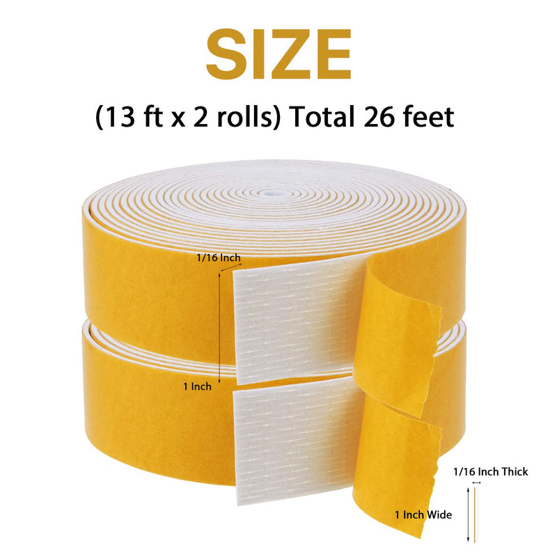 Foam Door Weather Strip-2 Rolls, 1 Inch Wide X 1/16 Inch Thick Total 26 Feet Long, Closed Cell Foam Strip Soundproofing Sealing Tape for Doors and Windows Insulation (13ft x 2 Rolls) 1" (W) x 1/16" (T) x 26' (L)