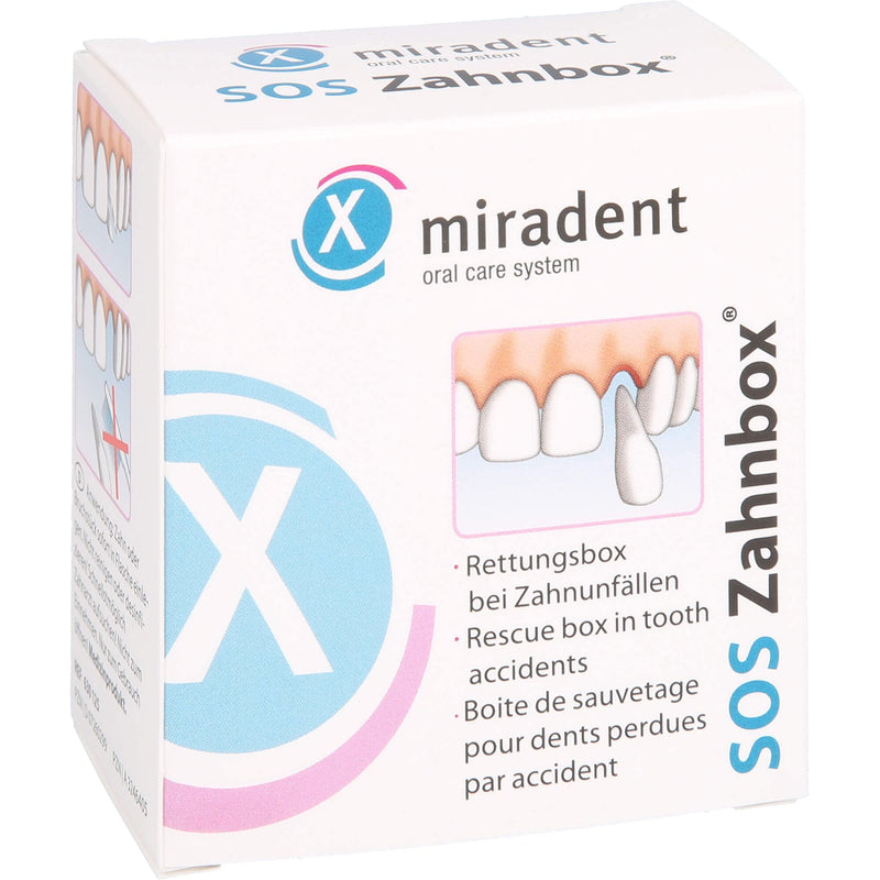 Miradent tooth rescue box SOS tooth box for knocked out teeth. Properly store front tooth trauma. Cell nutrient solution preserves cells for up to 48 hours for replantation and healing of the lost tooth