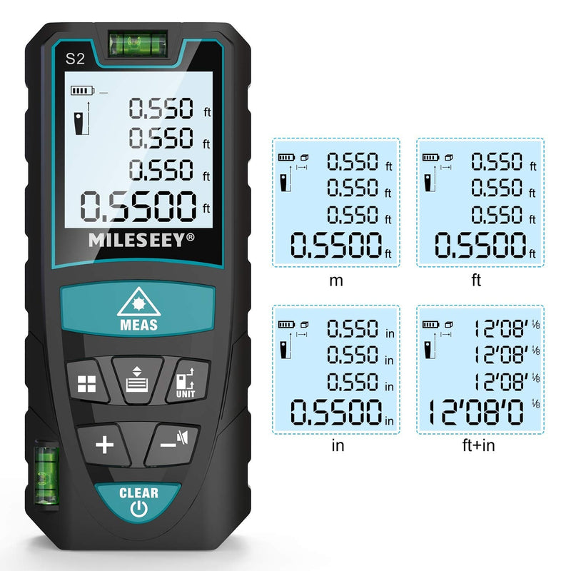 Laser Measure, Mileseey by RockSeed 165 Feet Digital Laser Distance Meter with 2 Bubble Levels,M/In/Ft Unit switching Backlit LCD and Pythagorean Mode, Measure Distance, Area and Volume (165 Feet)