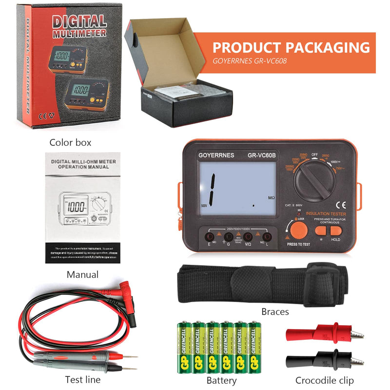 Insulation Resistance Tester Digital Ohmmeter Megohmmeter GR-VC60B+ DCV Megohmmeter Voltage Tester 250/500/1000V ACV Megohm 750V with 1999 Count Large LCD Display Data Hold Backlight