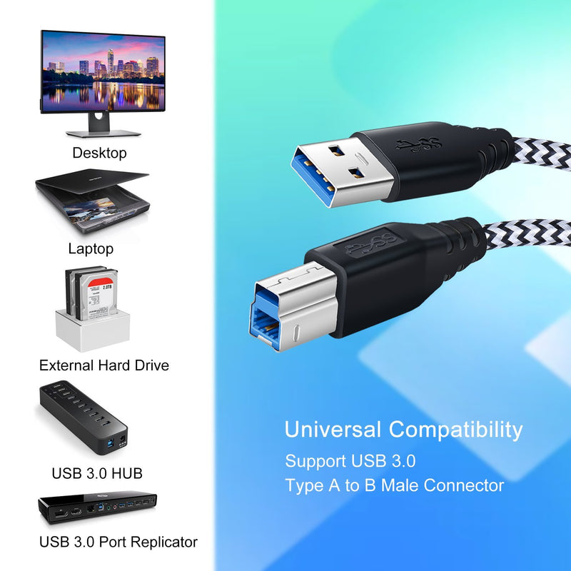 USB 3.0 Cable A Male to B Male 6Ft, OKRAY 2 Pack Durable Nylon Braided Superspeed USB 3.0 A to B Cable Compatible for Hard Disk Drive, Scanner, USB Hub, Monitor and More(Black, White) Black,White