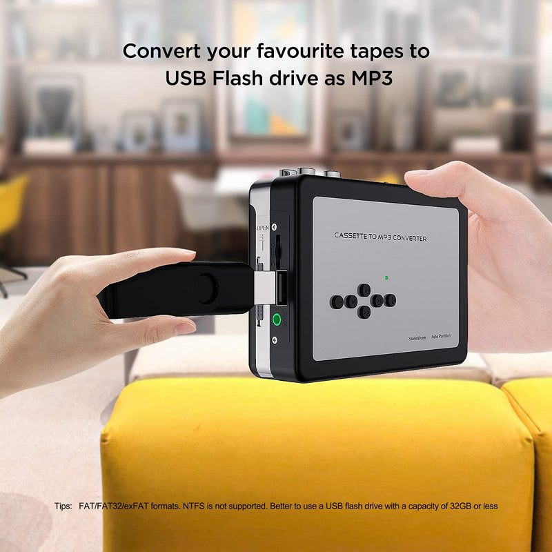Ezcap USB Cassette Tape to MP3 Converter, Digital Tape Player Cassette Capture Converts Tape to MP3 into USB Flash Drive, No PC Required Black