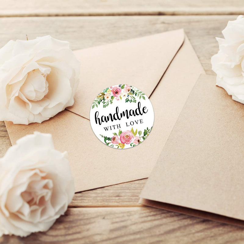 1.4 Inch Floral Handmade with Love Stickers, Homemade with Love Stickers, 500 Round Adhesive Label Stickers, Packaging Stickers Perfect for Baking, Craft Project, Gift Package Decoration.