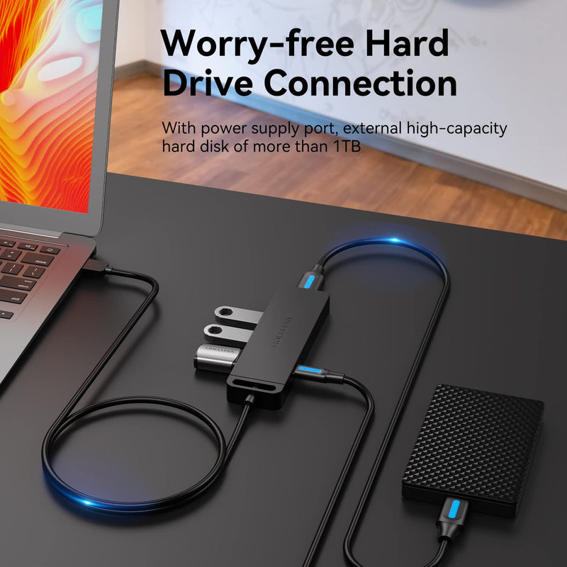 USB Hub VENTION 4-Port USB 3.0 Hub 1.5FT Ultra-Slim Data USB Splitter Charging Supported Compatible with MacBook, Laptop, Surface Pro, PS4, PC, Flash Drive, Mobile HDD