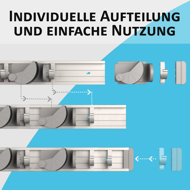 Space-saving device holder for the wall - aluminum profile with 4 individually positionable brackets and 5 hooks [for brooms, garden tools, tools] - ideal in the garage, workshop and garden 1