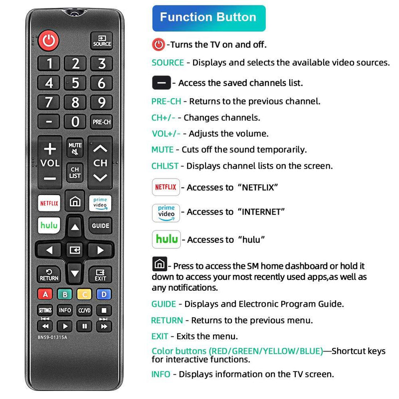 Gvirtue BN59-01315A Replacement Remote Control fit for Samsung 2019 4K UHD 7 Series Ultra HD Smart TV NU43RU7100 UN43RU7200 UN43RU710D UN50RU7100 UN50RU7200 UN50RU710D UN55RU7100 UN55RU7200 UN55RU710D