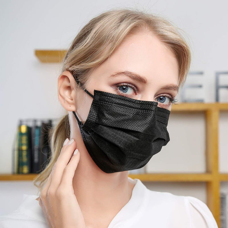 DIOLV Disposable Face Mask Adult 3 Layer Mens Breathable Facemask Womens Facial Masks for Indoor Outdoor 50Pcs/Pack Earloop,Black Black