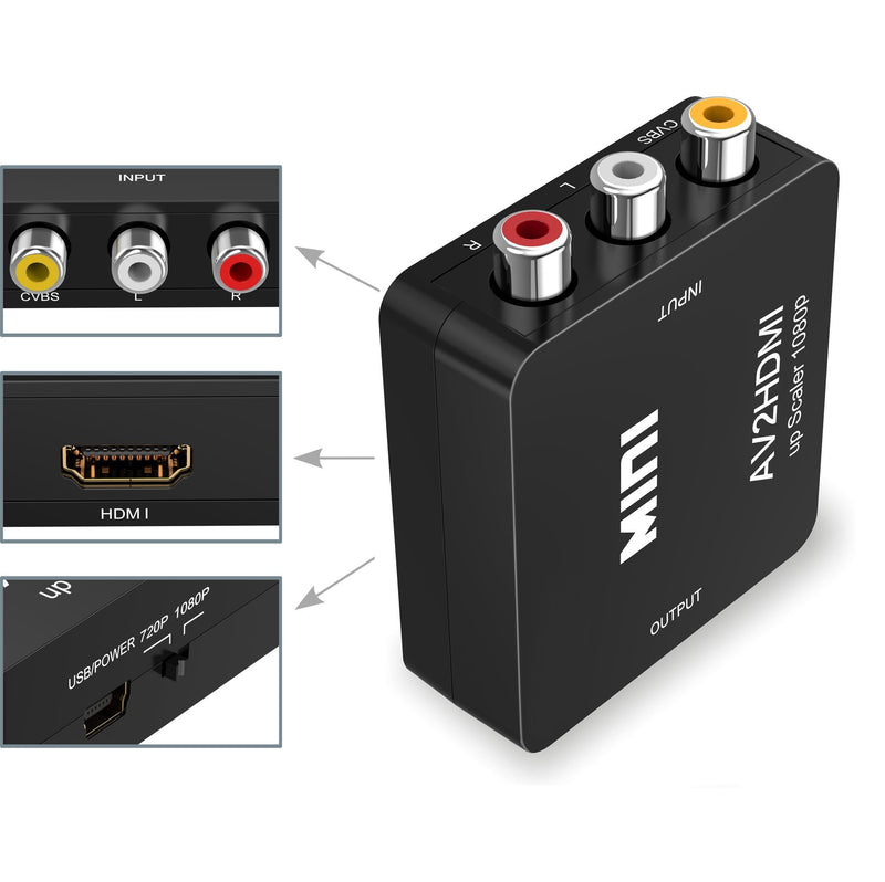 RCA to HDMI,AV to HDMI Converter,ABLEWE 1080P Mini RCA Composite CVBS Video Audio Converter Adapter Supporting PAL/NTSC for TV/PC/ PS3/ STB/Xbox VHS/VCR/Blue-Ray DVD Players Black