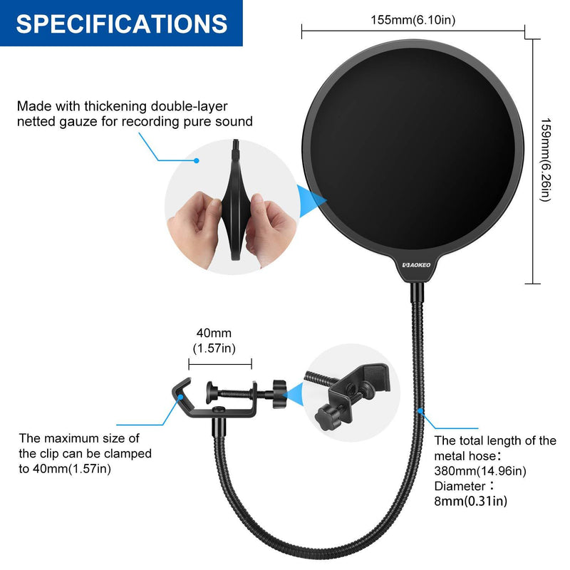 aokeo Professional Microphone Pop Filter Mask Shield For Blue Yeti and Any Other Microphone, Mic Dual Layered Wind Pop Screen With A Flexible 360° Gooseneck Clip Stabilizing Arm
