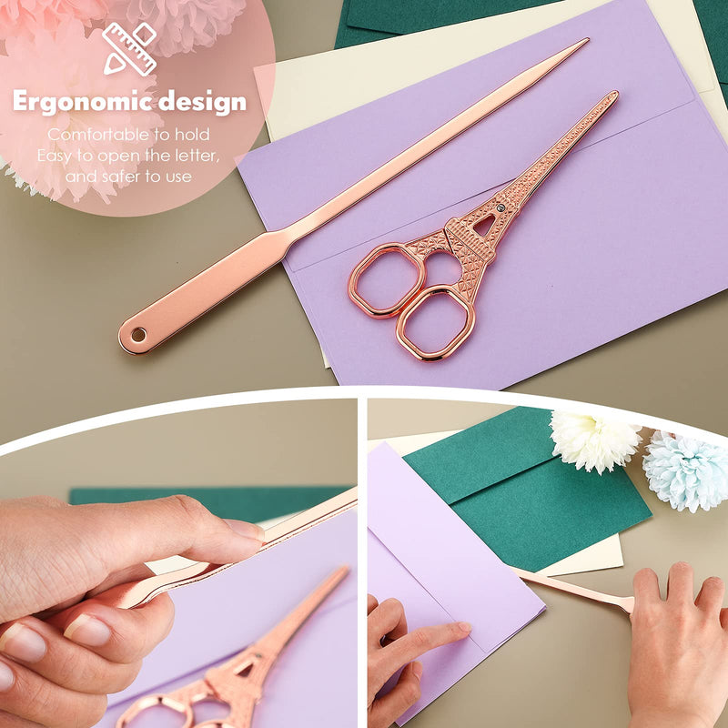 3 Pieces Rose Gold Scissors and Letter Opener Set Include 1 Pieces Metal Envelope Opener Slitter and 2 Pieces Eiffel Tower Embroidery Scissors Craft Scissors for Office Home School Supplies