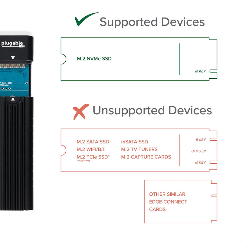 Plugable USB C to M.2 NVMe Tool-free Enclosure USB C and Thunderbolt 3 Compatible up to USB 3.1 Gen 2 Speeds (10Gbps). Adapter Includes USB-C and USB 3.0 Cables (Supports M.2 NVMe SSDs 2280 2260 2242)